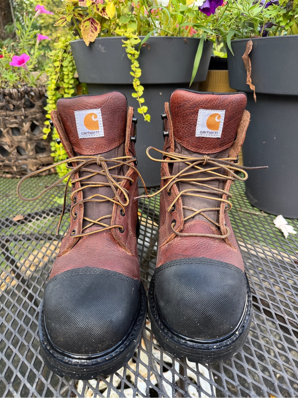 Carhartt Brown Leather Work Boots with Black Toe Caps